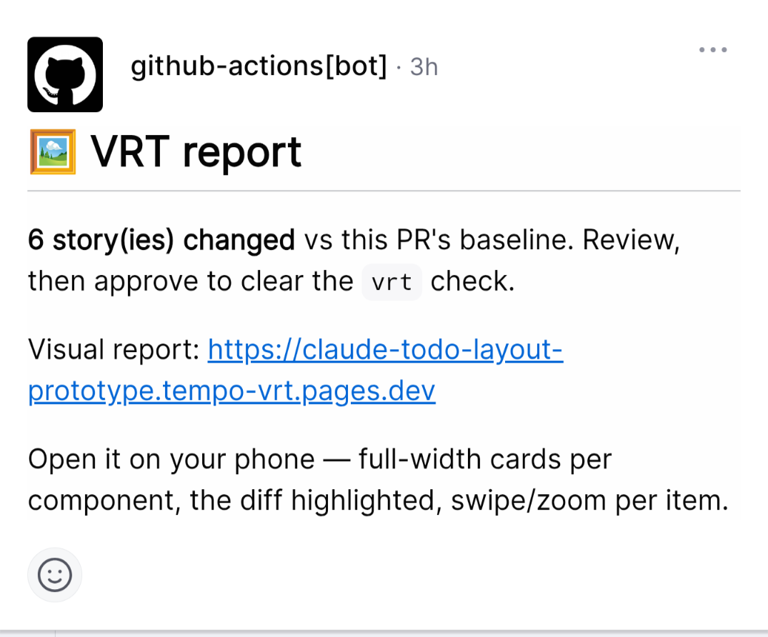 The comment github-actions leaves on every PR: a "VRT report" link and a one-line note on how many stories changed.