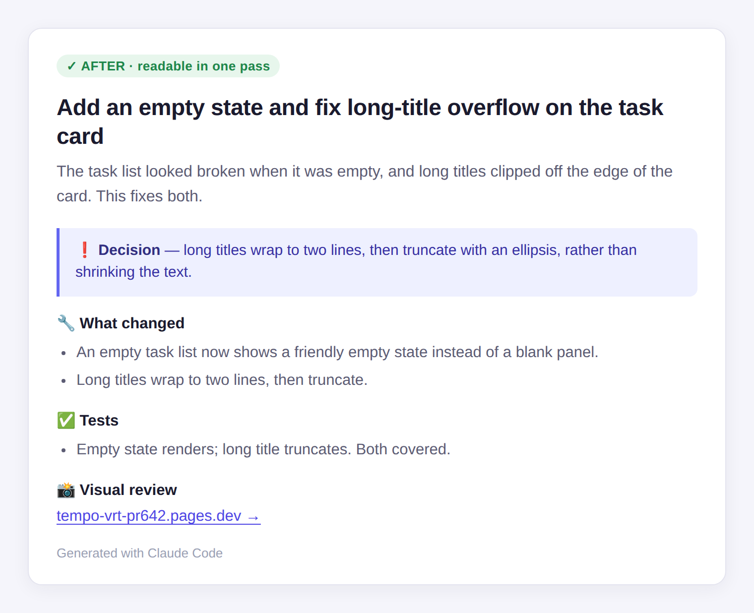 The same change in the house style: a plain imperative title, a one-line lead, a decision callout, and emoji-anchored sections you read in one pass.