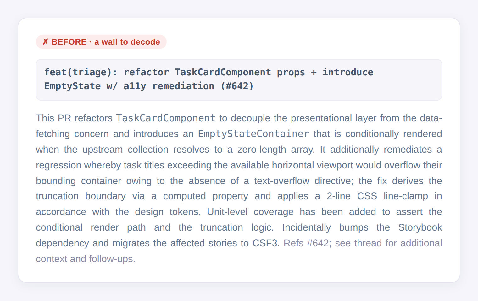 A real PR description in the old style: a conventional-commit title and a dense, jargon-heavy wall of text you have to decode.
